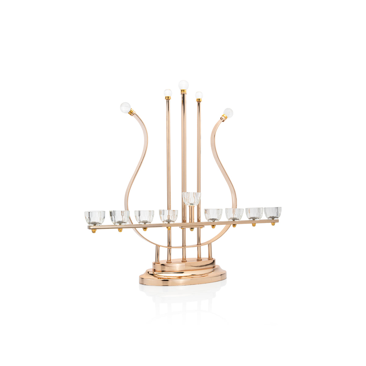 Metal menorah with crystal tubes and gold finish