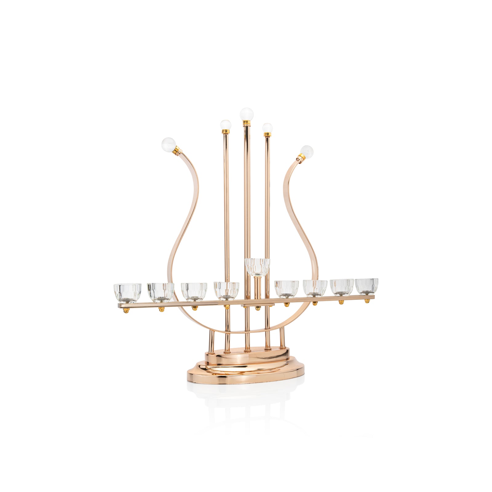 Metal menorah with crystal tubes and gold finish