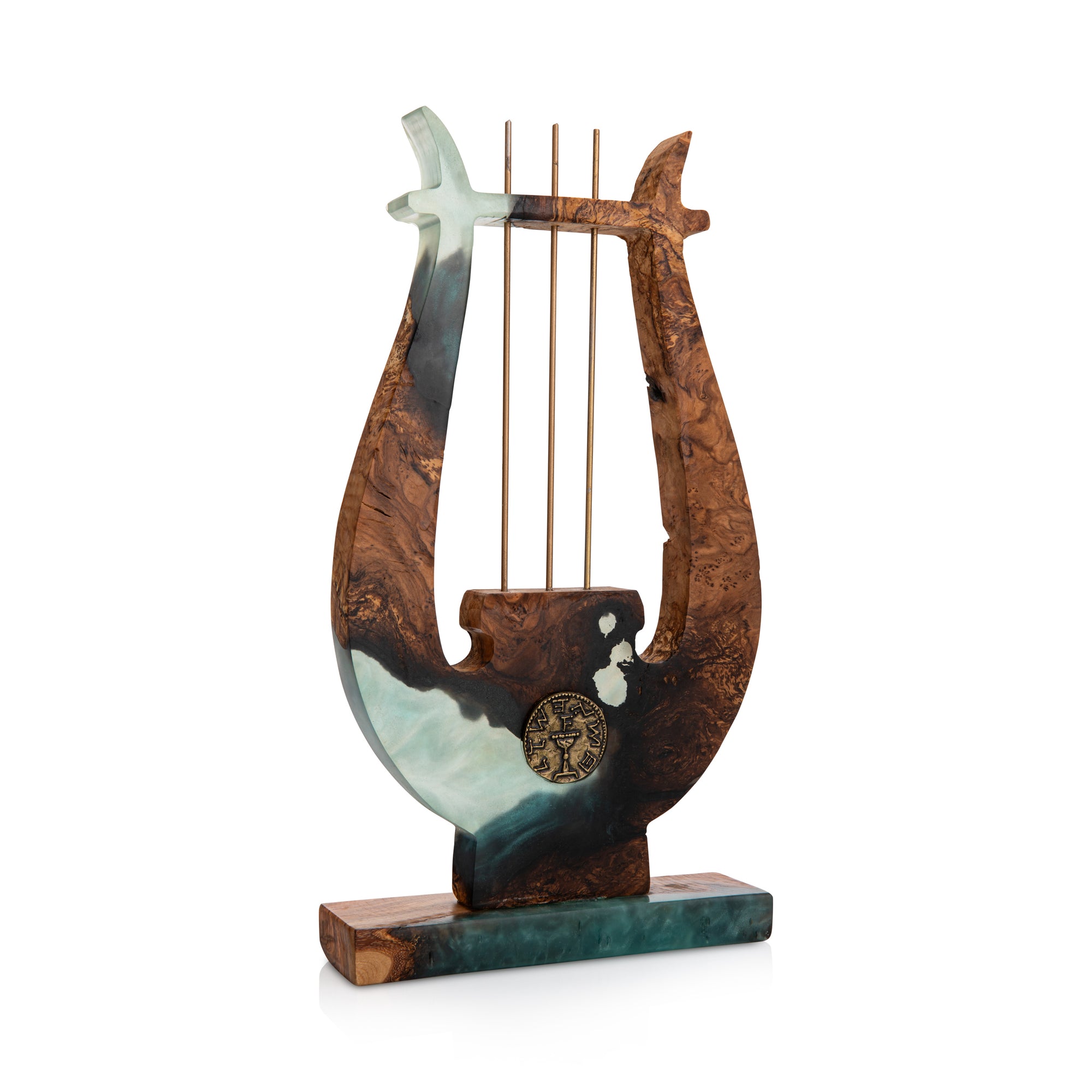 Harp with strings and a half shekel coin