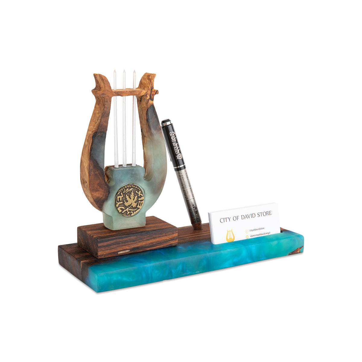 David’s Harp Table Stand – Olive Wood, Epoxy &amp; Freedom of Zion Coin
