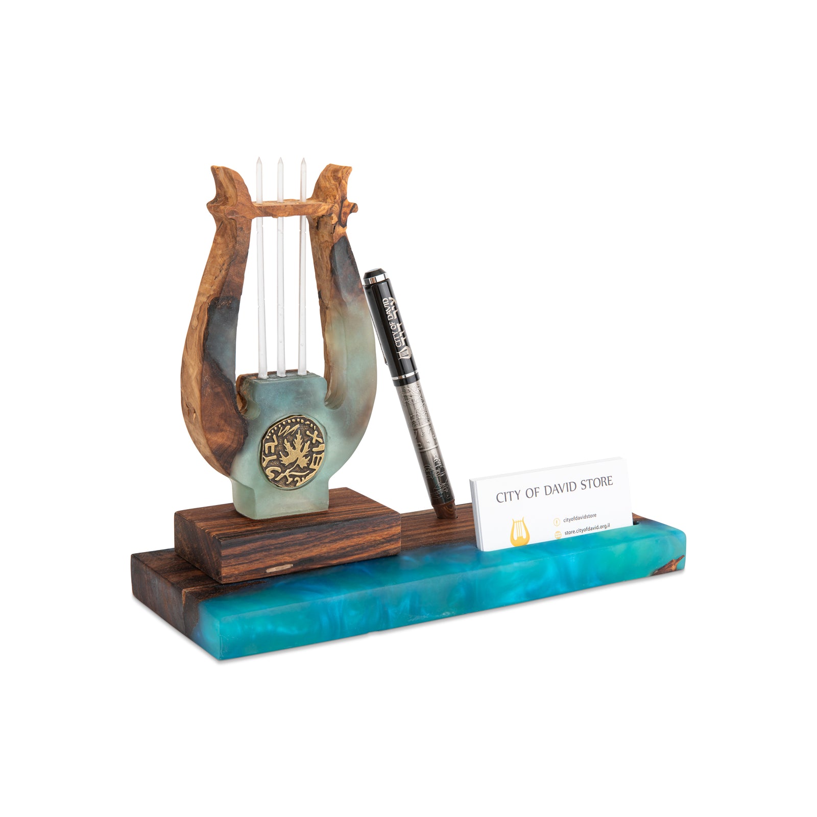 David’s Harp Table Stand – Olive Wood, Epoxy & Freedom of Zion Coin