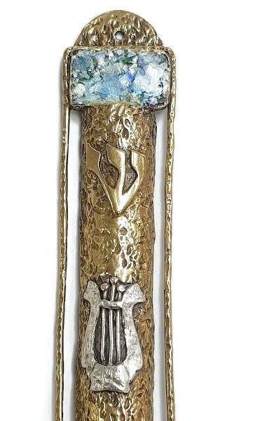 MEZUZA  david s harp  pewter silver with roman glass