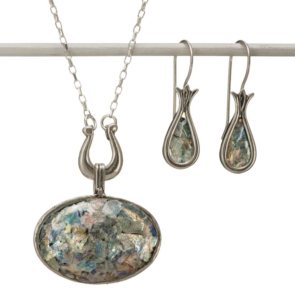 David’s Harp Roman Glass Necklace and Earrings Set