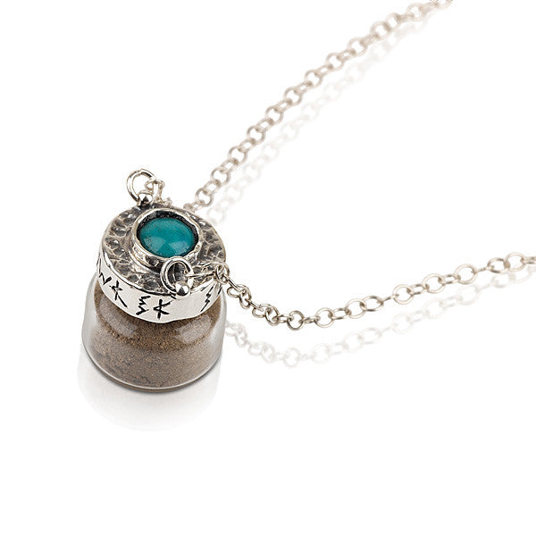 Ancient Hebrew Text Silver Necklace with Turquoise Stone