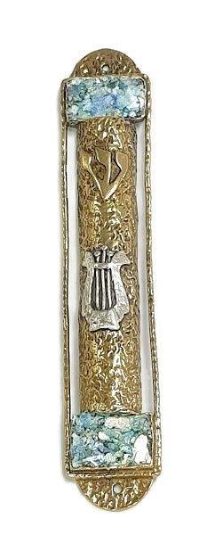 MEZUZA  david s harp  pewter silver with roman glass