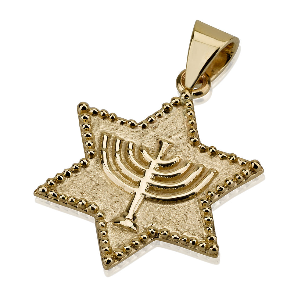 14K Gold Star of David Pendant with Menorah